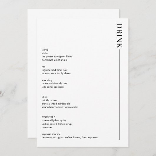 Minimale Drinken voor zwart-witbruiloft 5 x 7 Menu (Voorkant / Achterkant)