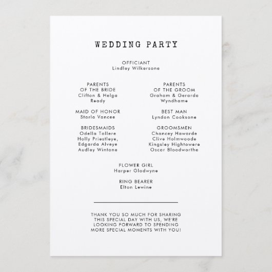 Minimale dubbelzijdige bruiloft met schrijfmachine programmakaart (Achterkant)