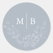 Minimale Dusty Blue Botanical Monogrammed Wedding Ronde Sticker (Voorkant)
