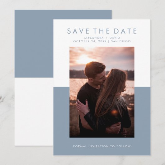 Minimale Dusty Blue en White Photo Save the Date (Voorkant / Achterkant)