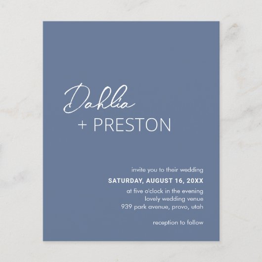 Minimale Dusty Blue Modern Budget Wedding Uitnodig (Voorkant)