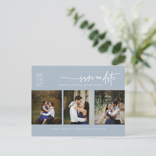 Minimale Dusty Blue Photo QR Code Save the Date Briefkaart (Staand voorkant)