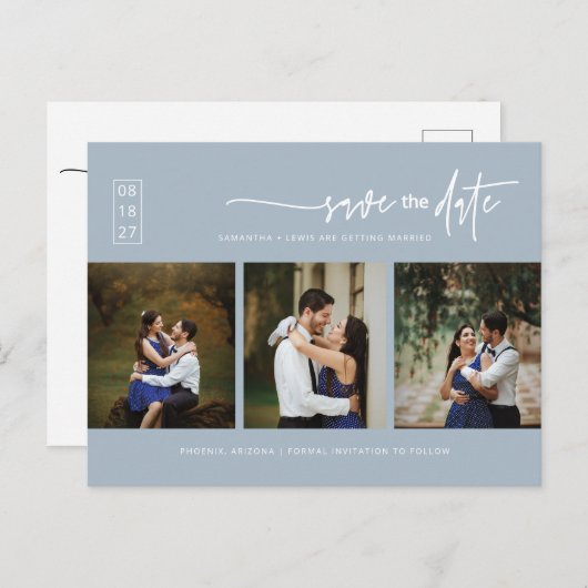 Minimale Dusty Blue Photo QR Code Save the Date Briefkaart (Voorkant / Achterkant)