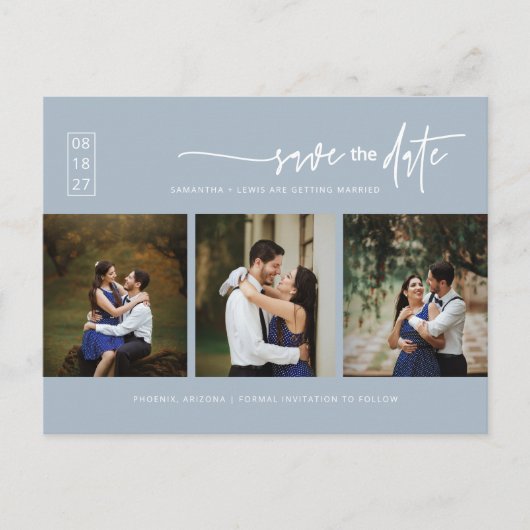 Minimale Dusty Blue Photo QR Code Save the Date Briefkaart (Voorkant)