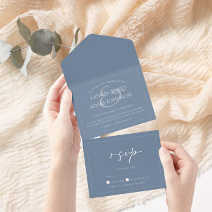 Minimale Dusty Blue Script Wedding All In One Uitnodiging