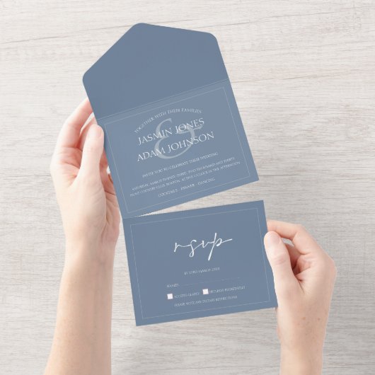 Minimale Dusty Blue Script Wedding All In One Uitnodiging (Afscheurbaar)