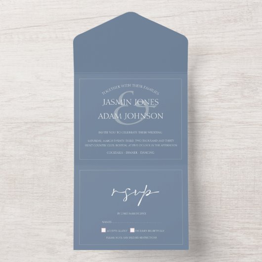 Minimale Dusty Blue Script Wedding All In One Uitnodiging (Binnen)