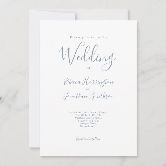 Minimale Dusty Blue Script Wedding Kaart (Voorkant)