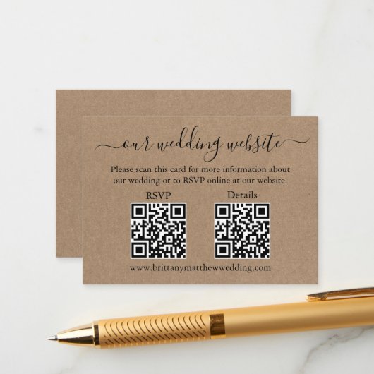 Minimale Eenvoudige 2 QR Kraft Wedding RSVP - Gege Informatiekaartje (Voorkant / Achterkant in situ)