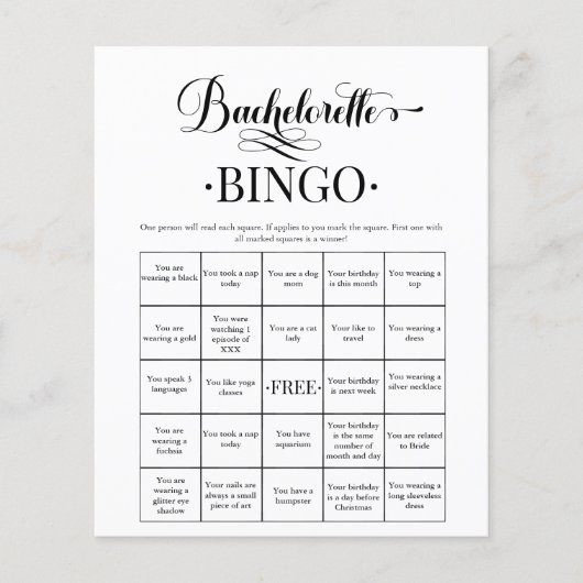 Minimale Eenvoudige Bachelorette Bingo Game (Voorkant)
