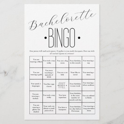 Minimale Eenvoudige Bachelorette Bingo Game (Voorkant)