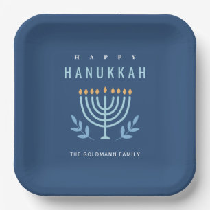 Minimale Eenvoudige Blauwe Menorah Kaarsen Happy C Papieren Bordje