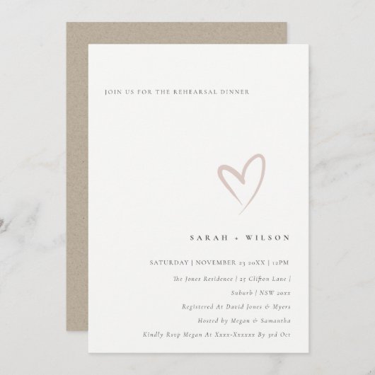 Minimale Eenvoudige Blush Heart Rehearsal Dinner U Bedankkaart (Voorkant / Achterkant)