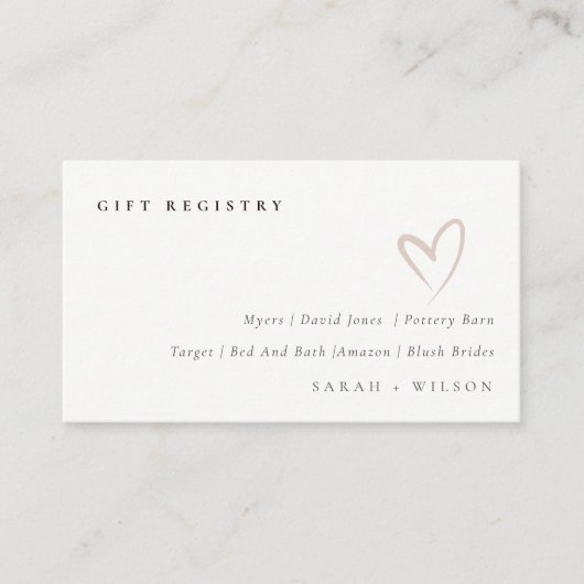 Minimale eenvoudige blush Heart Wedding Gift Regis Informatiekaartje (Voorkant)