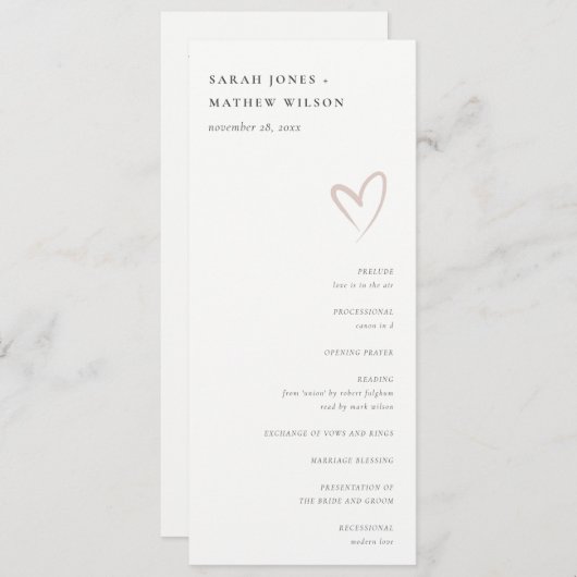 Minimale Eenvoudige Blush Roze Hart Bruiloft Progr Kaart (Voorkant / Achterkant)