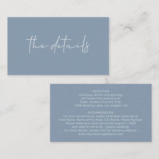 Minimale eenvoudige details over een blauwe bruilo informatiekaartje (Voorkant / Achterkant)