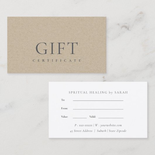 Minimale eenvoudige Elegant Kraft Cadeaubon Visitekaartje (Voorkant / Achterkant)
