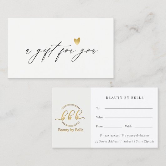 Minimale Eenvoudige Gouden Hart Logo Cadeaubon Visitekaartje (Voorkant / Achterkant)