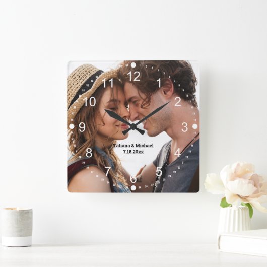Minimale eenvoudige paar foto wit nummers vierkante klok (Huis)