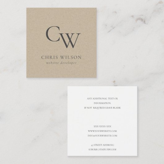 Minimale Eenvoudige Rustic Kraft Monogram Initiaal Vierkante Visitekaartje (Voorkant / Achterkant)