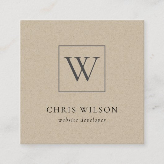 Minimale Eenvoudige Rustic Kraft Monogram Initiaal Vierkante Visitekaartje (Voorkant)