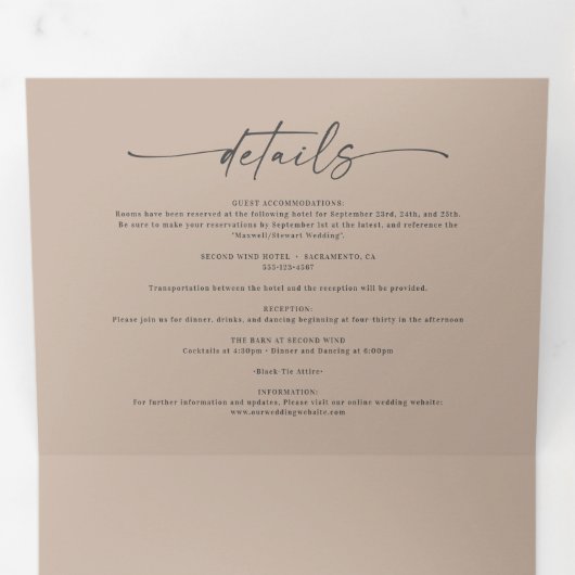 Minimale Eenvoudige Taupe Beige Bold Names Weddens Drieluik Uitnodiging (Binnenzijde eerst)