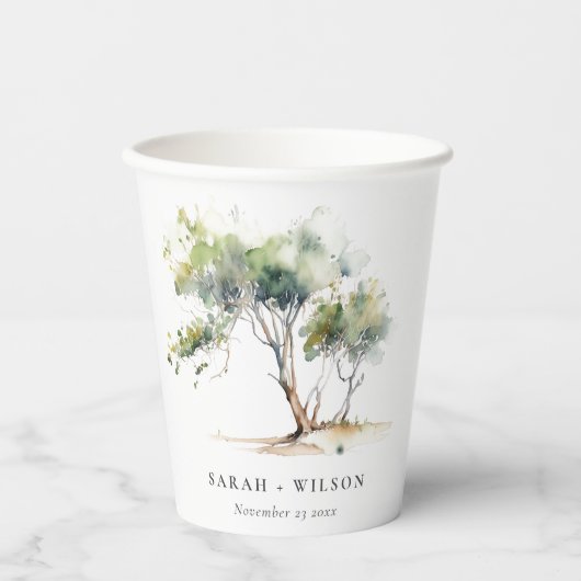Minimale Eenvoudige Waterverf Botanische Boombruil Papieren Bekers (Voorkant)