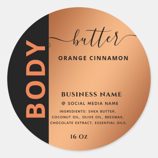 Minimale, eenvoudige zwarte oranje scriptboter ronde sticker (Voorkant)