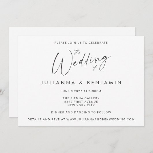 Minimale eenvoudige zwarte witte moderne scriptwed kaart (Voorkant / Achterkant)