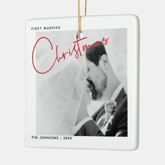 Minimale eerste gehuwde kerstfoto keramisch ornament (Links)