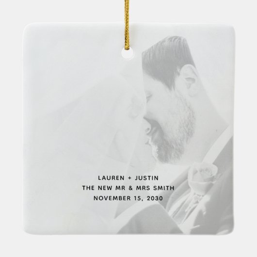 Minimale eerste gehuwde kerstfoto keramisch ornament (Achterkant)