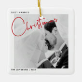 Minimale eerste gehuwde kerstfoto keramisch ornament (Voorkant)