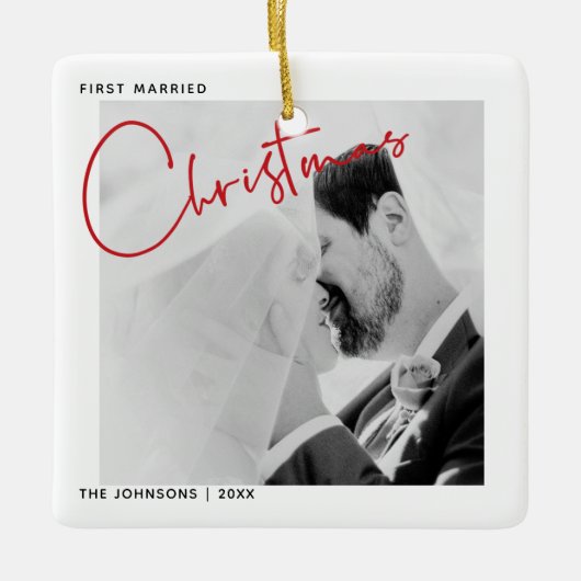Minimale eerste gehuwde kerstfoto keramisch ornament (Voorkant)