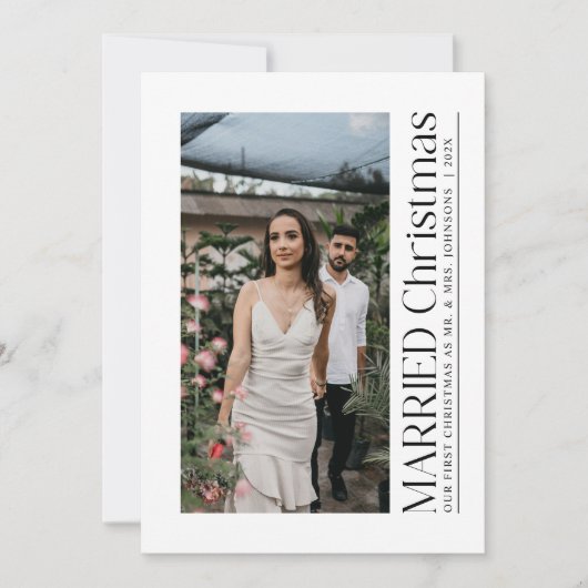 Minimale eerste getrouwde kerstfoto Passen getrouw Feestdagenkaart (Voorkant)
