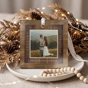 Minimale Eerste Kerst Gescheiden Foto Houtnerf Glas Ornament