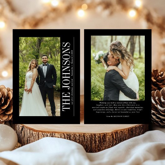 Minimale eerste kerst getrouwde foto Passen getrou Feestdagenkaart