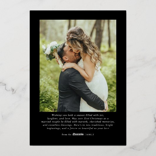 Minimale eerste kerst getrouwde foto Passen getrou Folie Feestdagenkaart (Achterkant)