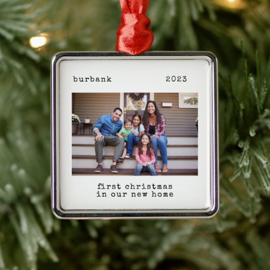 Minimale eerste kerst in onze nieuwe foto thuis metalen ornament (Boom)