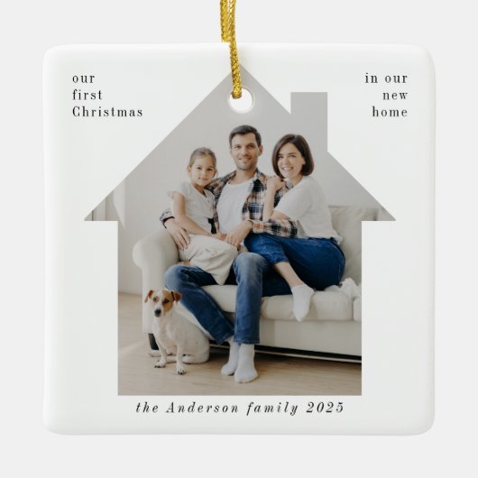 Minimale eerste kerst in onze nieuwe thuisfoto keramisch ornament (Voorkant)