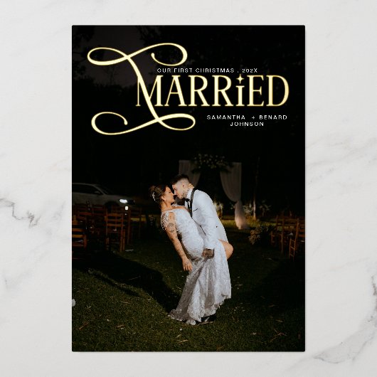 Minimale Eerste Kerstmis Getrouwde Koppels 2 Foto' Folie Feestdagenkaart (Voorkant)