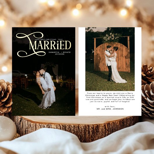 Minimale Eerste Kerstmis Getrouwde Koppels 2 Foto' Folie Feestdagenkaart