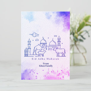 Minimale Eid al Adha-moskee en dierenlijn Kunst  Feestdagenkaart