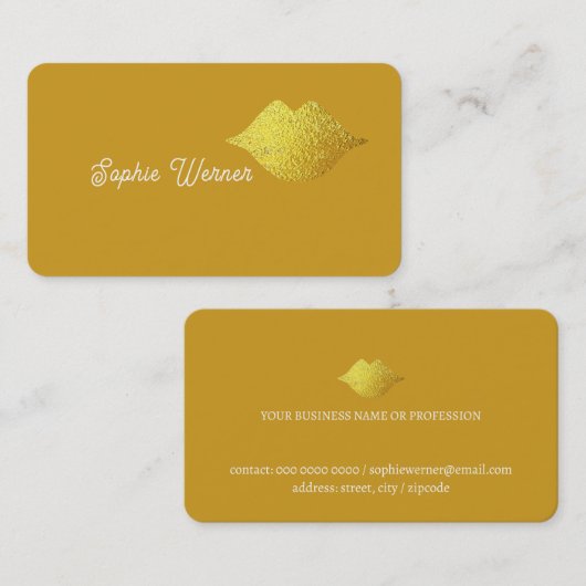 Minimale elegant Beauty Gold Lips Dusty Mustard Visitekaartje (Voorkant / Achterkant)