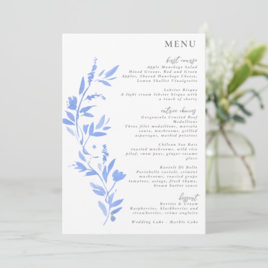 Minimale elegant blauw geschilderd porselein menu (Staand voorkant)