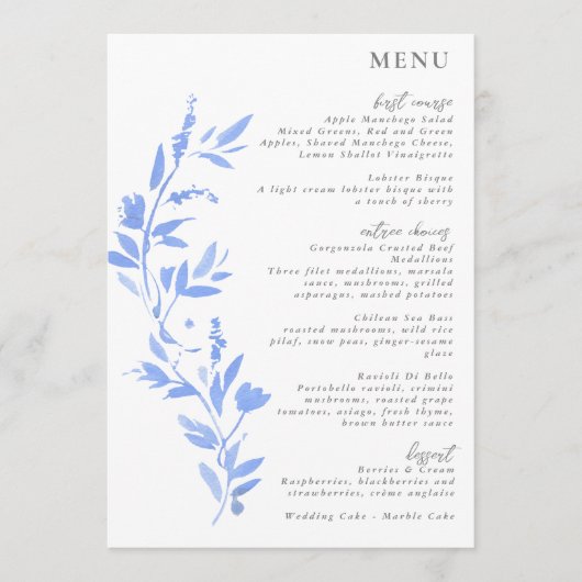 Minimale elegant blauw geschilderd porselein menu (Voorkant)