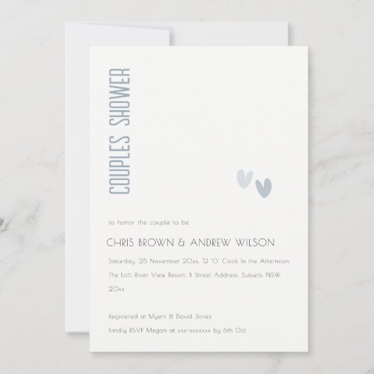 Minimale Elegant Dusky Blue Hearts Couples Shower Kaart (Voorkant)