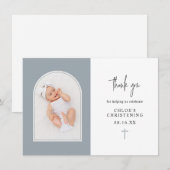 Minimale Elegant Dusty Blue Arch Foto Christening Bedankkaart (Voorkant / Achterkant)