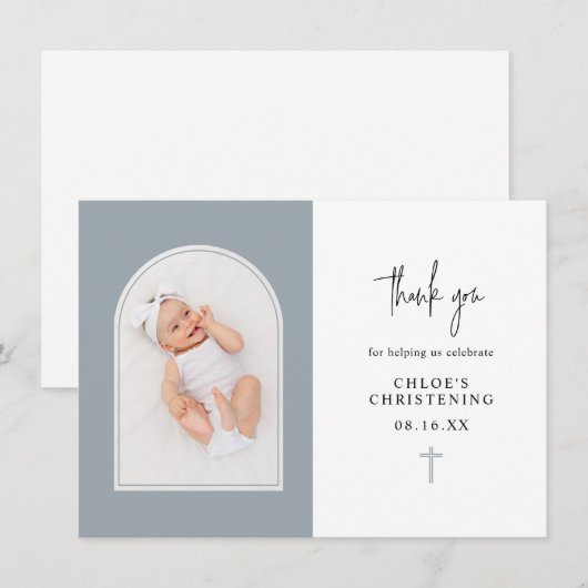 Minimale Elegant Dusty Blue Arch Foto Christening Bedankkaart (Voorkant / Achterkant)