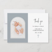 Minimale Elegant Dusty Blue Arch Foto Christening Bedankkaart (Voorkant)