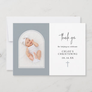 Minimale Elegant Dusty Blue Arch Foto Christening Bedankkaart